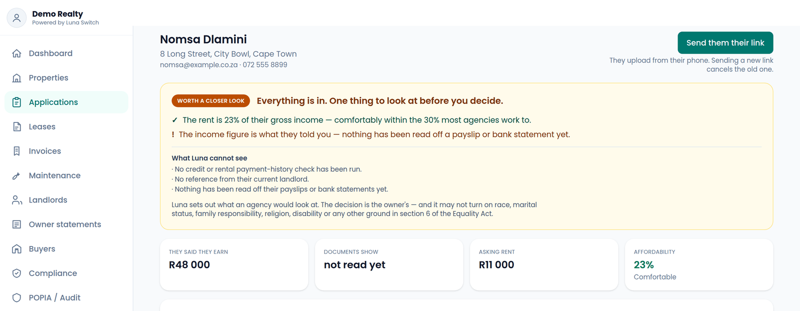 A rental application in Luna Switch opening with its assessment finding: affordability comfortable at 23% of income, with what has and hasn't been verified spelled out