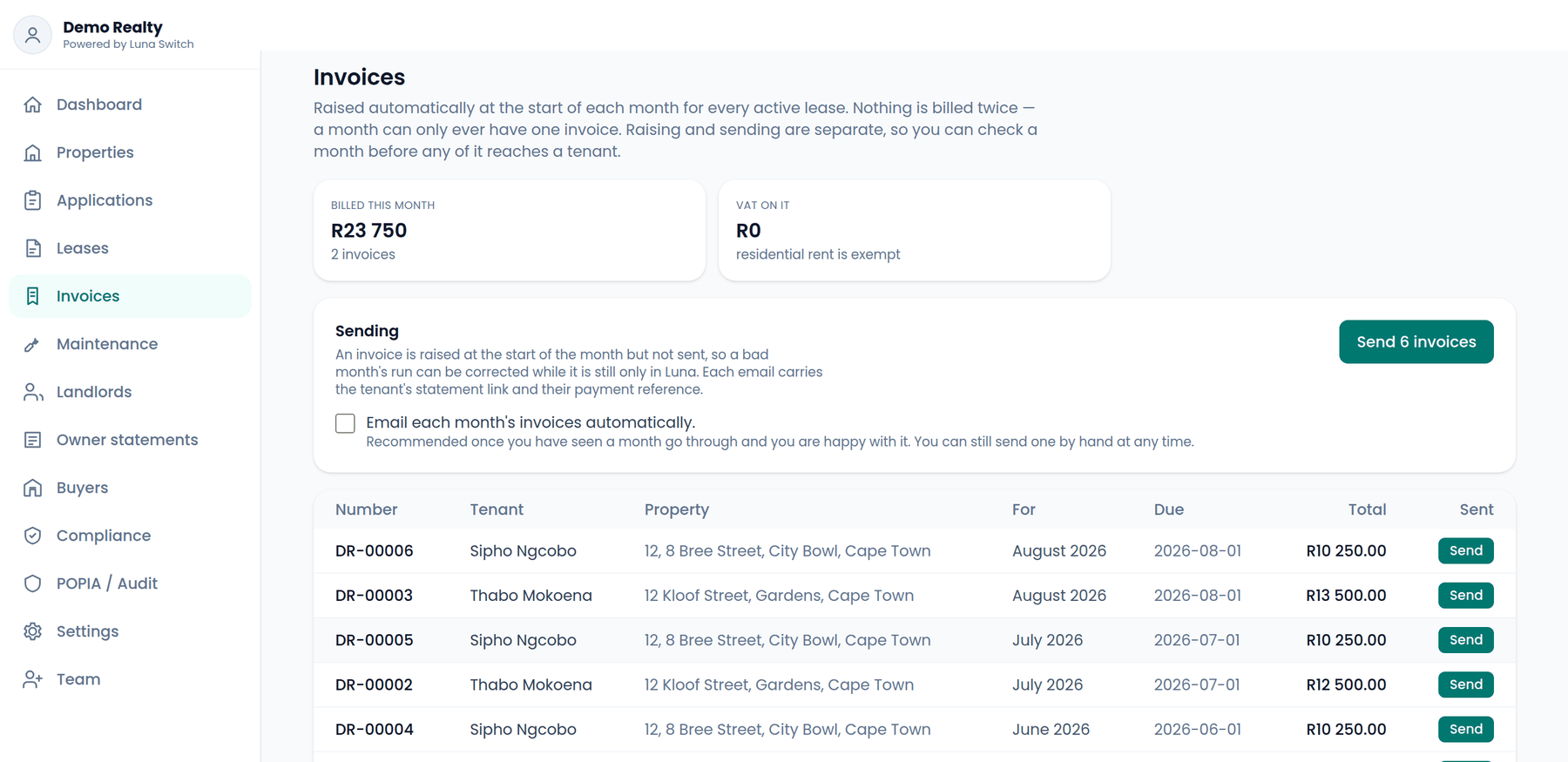 The Luna Switch invoicing view for an estate agency: one run raises the month's invoices for every active lease, with VAT shown as exempt for residential rent