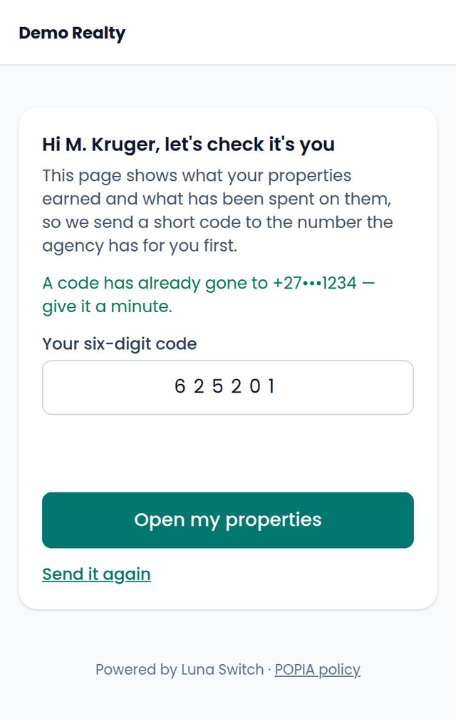 The landlord portal's PIN gate: a code is sent to the owner's phone before their statements open