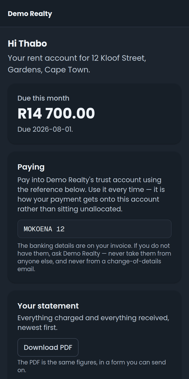 The tenant portal in dark mode: rent due, the trust-account payment reference, and a full statement with running balance