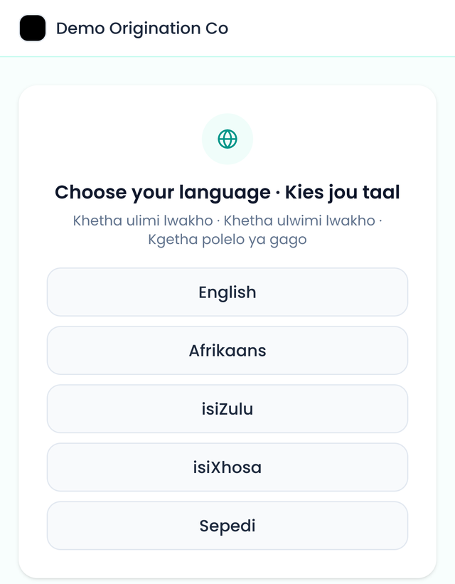 The client portal's first step: choose your language, offering English, Afrikaans, isiZulu, isiXhosa and Sepedi