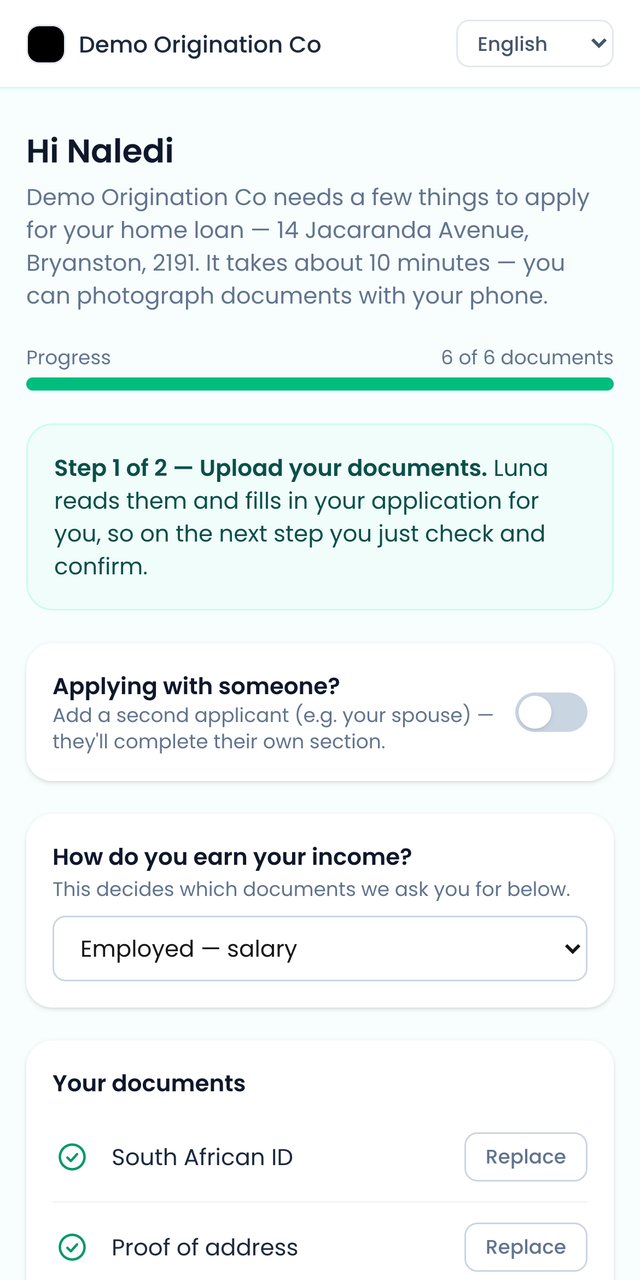 The client portal upload step, greeting the client by name, showing document progress and explaining that Luna reads the documents and fills in the application